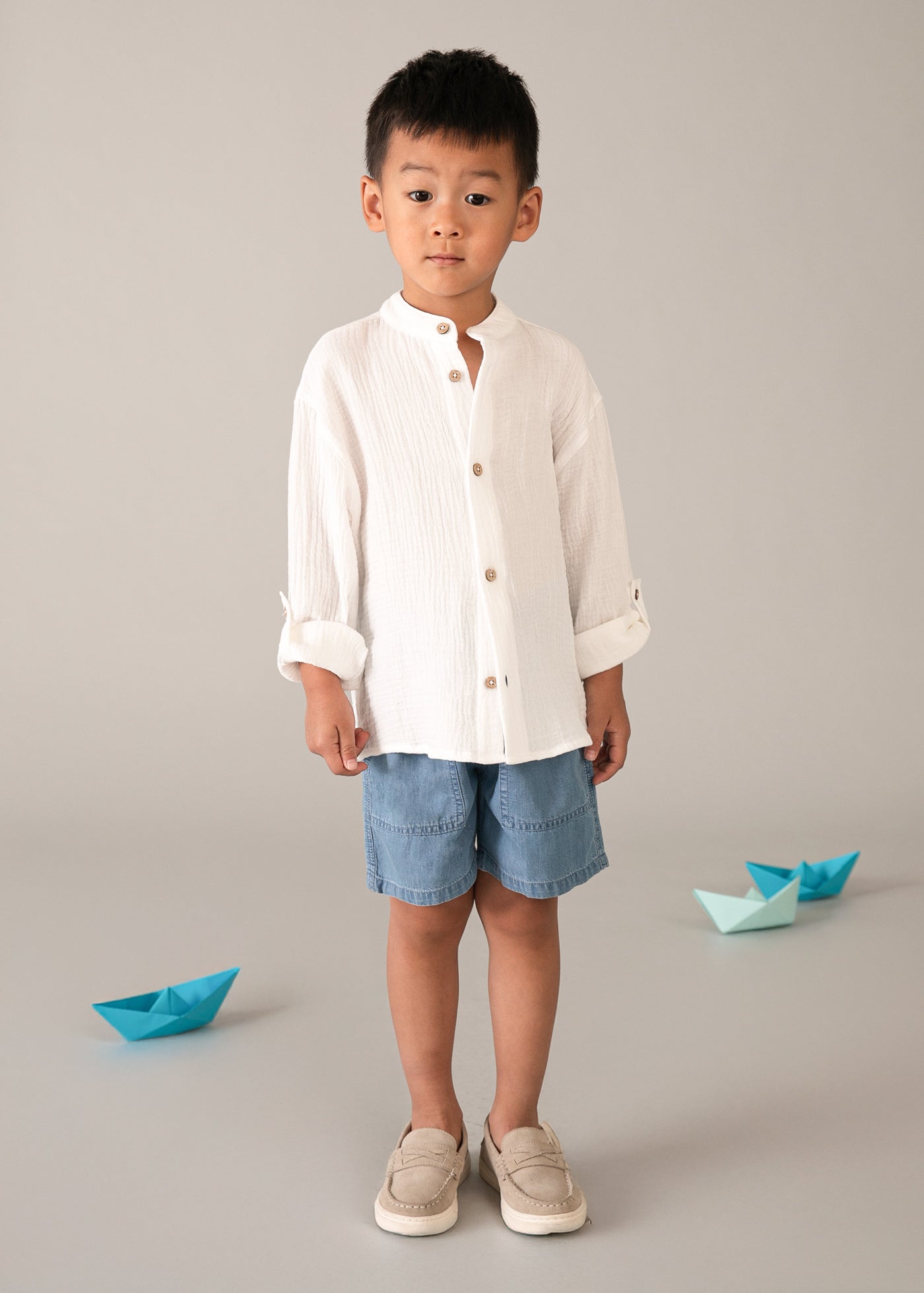 Camisa manga larga bambula cuello mao niño